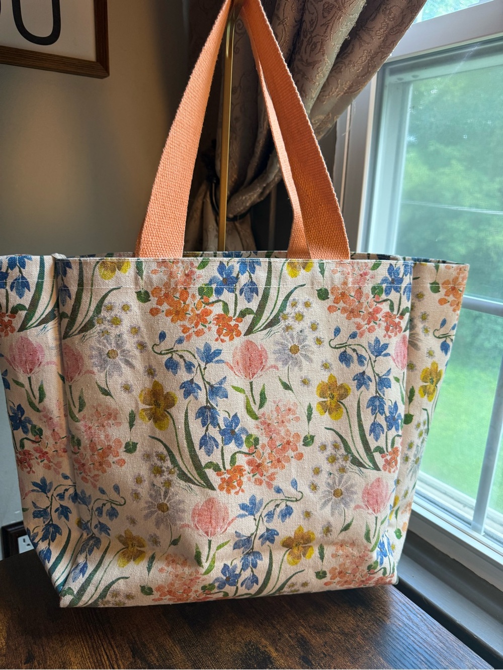 Floral Canvas Tote Bag with Peach Handles
